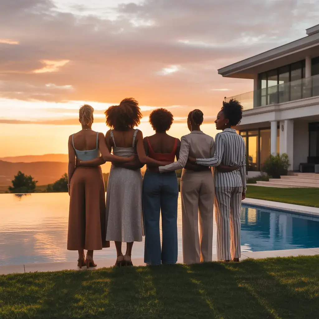 Five women standing together overlooking a sunset at the retreat